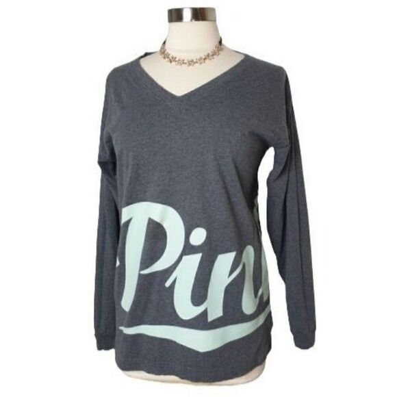 Victoria's Secret PINK Long Sleeve Oversized Top V-Neck Mint Logo Grey Top XS - Picture 6 of 7